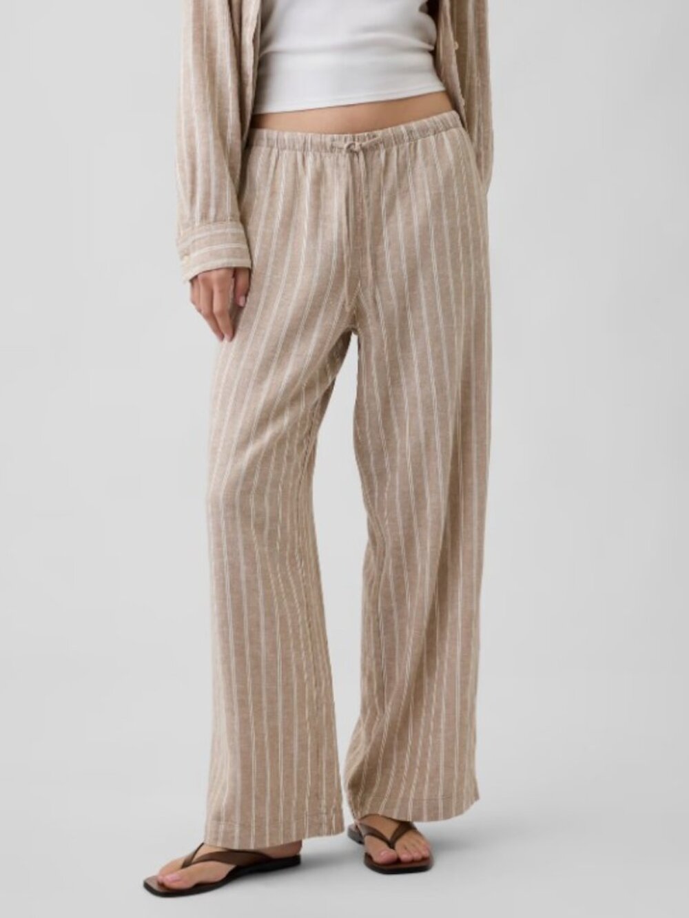 Beach Chic Comfy Linen Blend Neutral Striped Pull On GAP Wide Leg Pant [size XL]